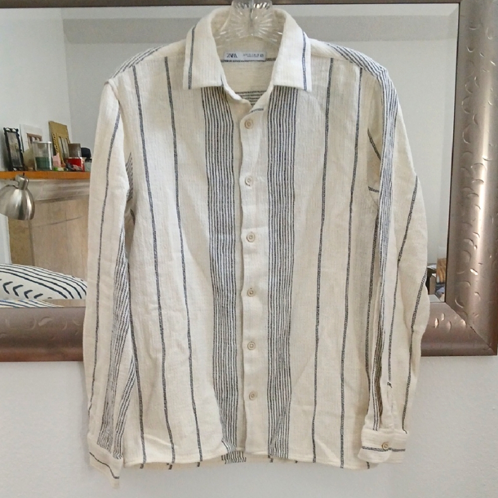 Zara Striped Button-Up Textured Shirt - Cream and Black